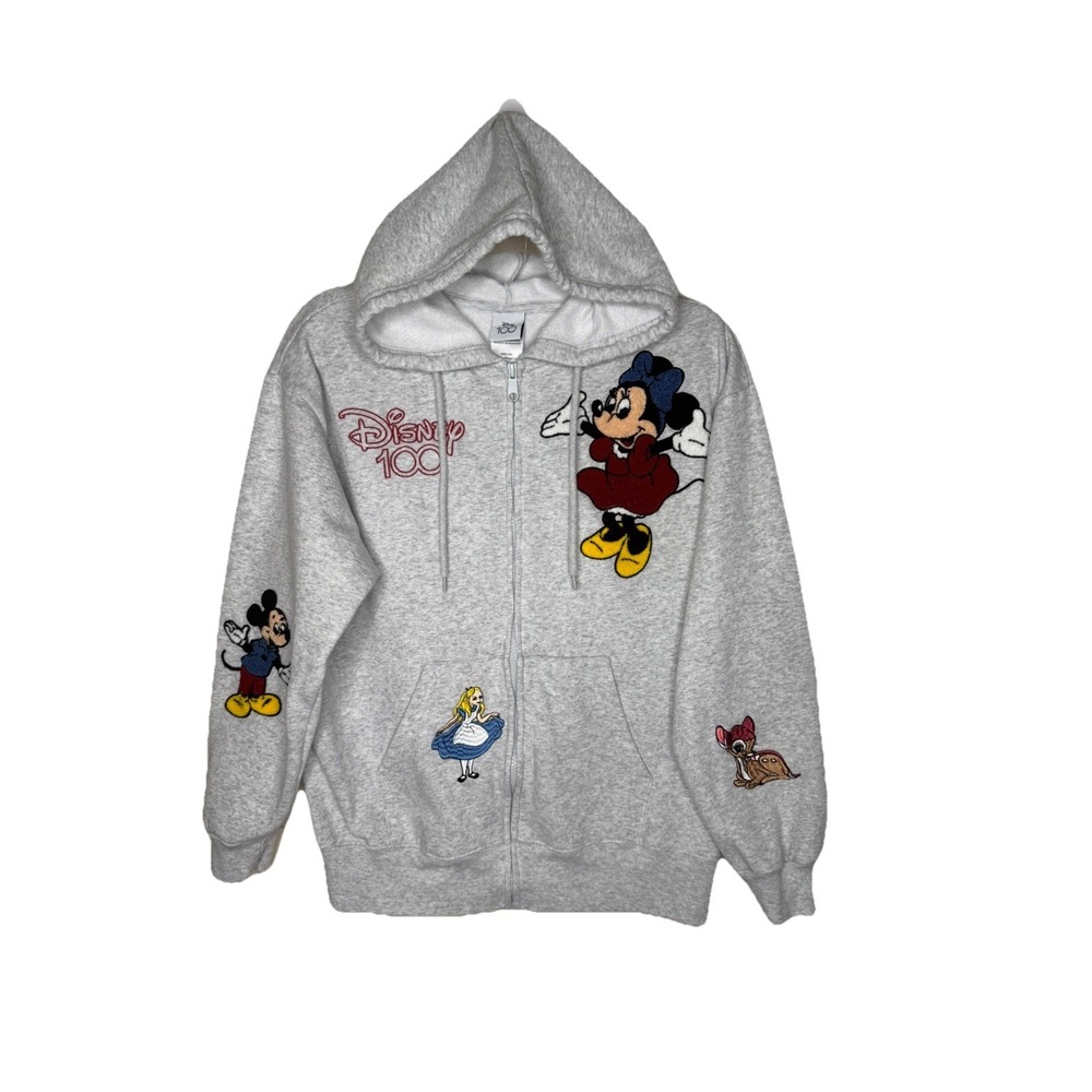 Disney‎ Hoodie Women's Medium Gray Zip Embroidered Chenille Patches Disney 100